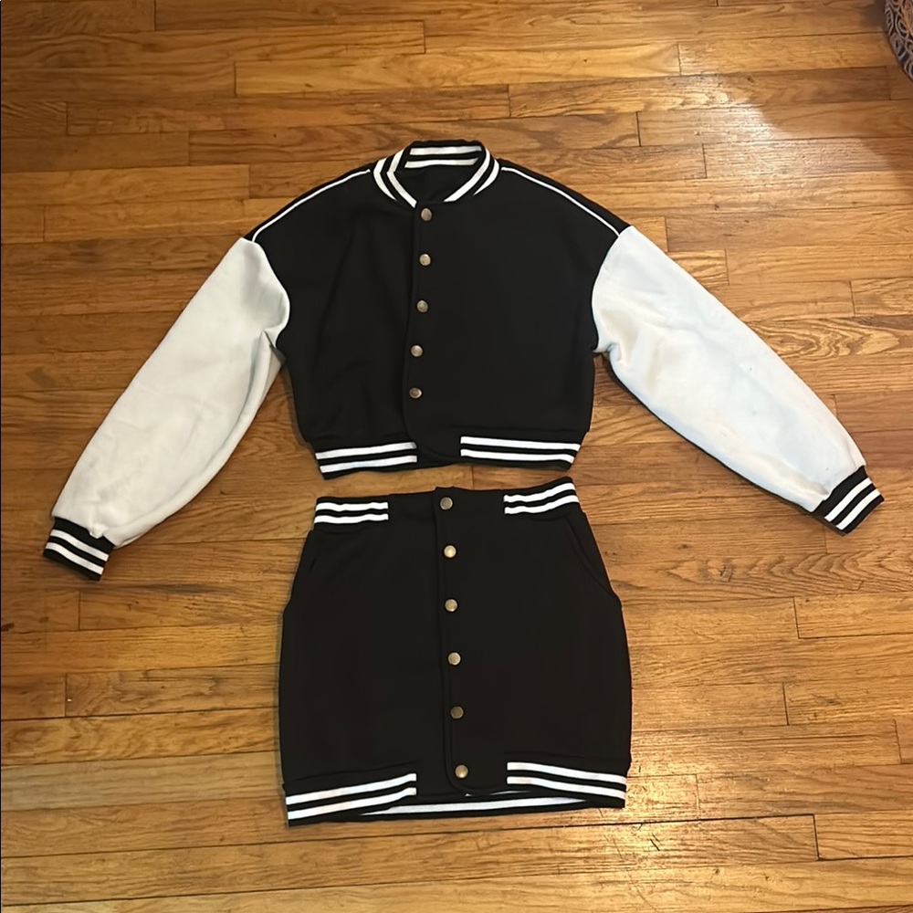 Black and White Women's Varsity Jacket and Skirt Set